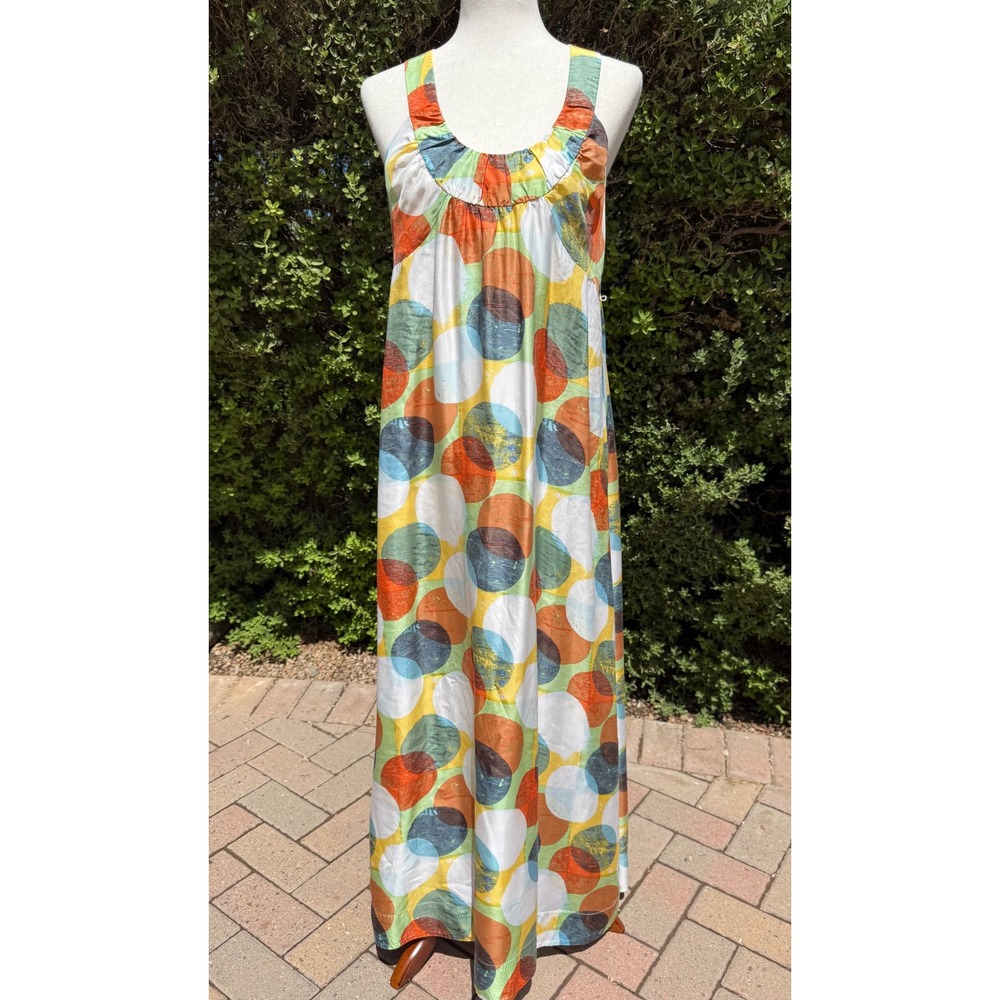 Garnet Hill 100% Silk Geometric Circle Polka Dot Maxi Dress Size 6 Cross Back